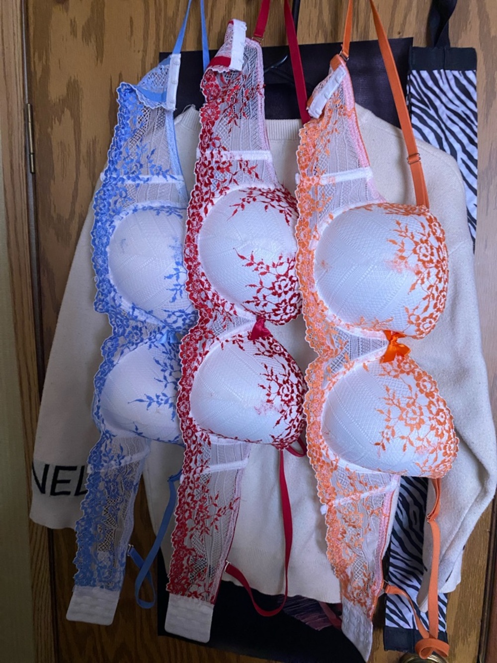 Women's Lace Embroidered Balconette Bra - White with Blue/Red/Orange Accents